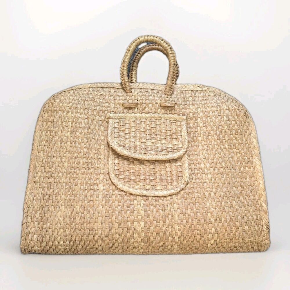 Vintage Large Rattan Straw Tote Woven Bag Beach Travel Knitting Boho Pockets